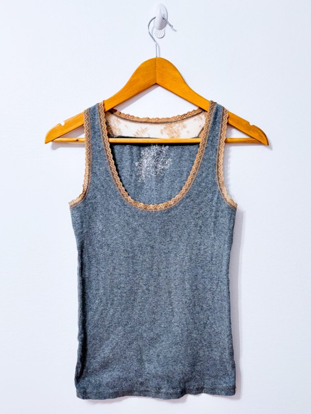 POOF AUTHENTIC Grey Ribbed Lace Trim Fitted Tank Top Y2K Large